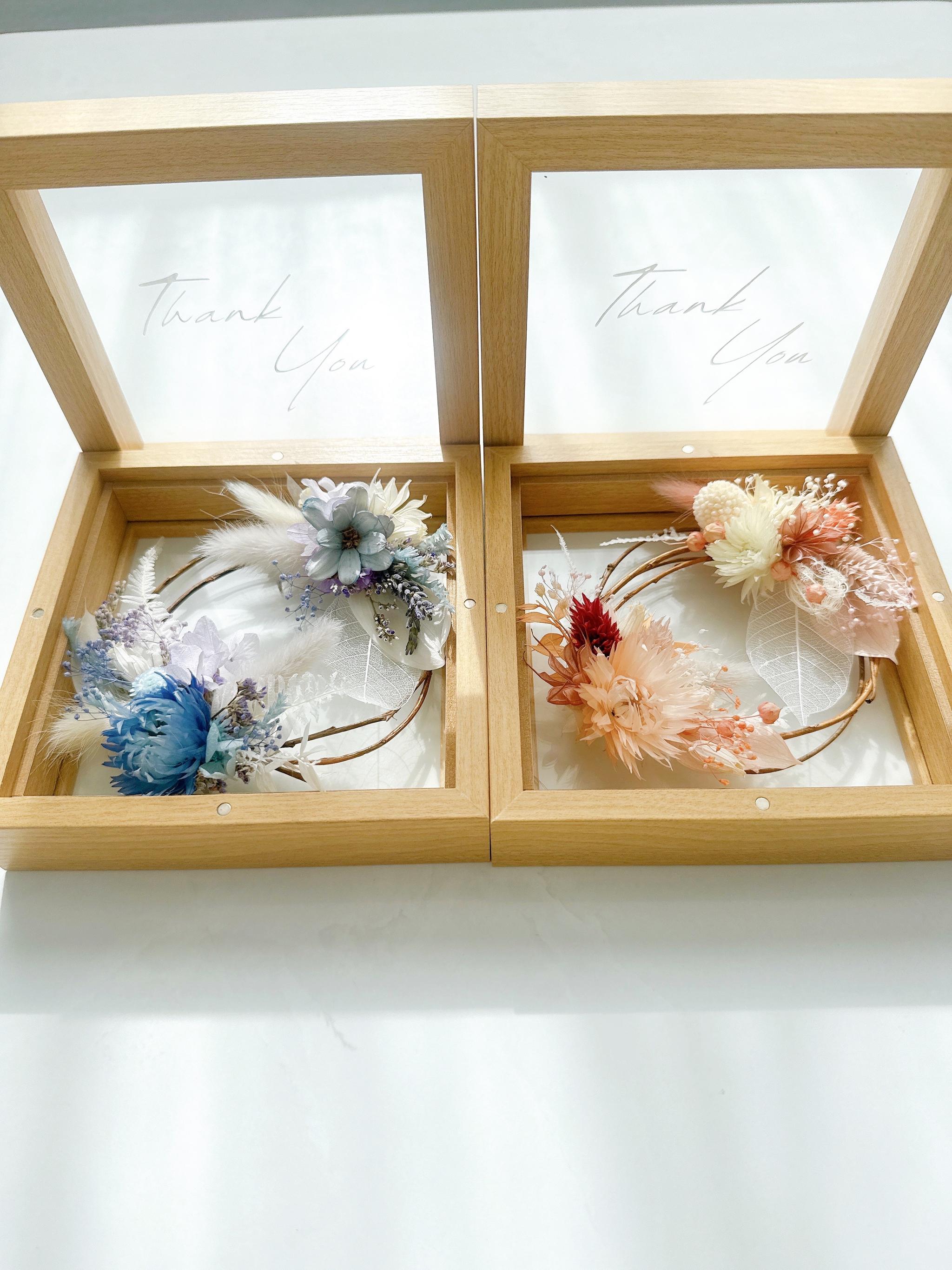 【ウェディング両親贈呈品】ガラスボックス入りプリザーブドフラワーリース〈ピンク・ブルー〉2点セット　ウェディング　結婚式 | 4枚目