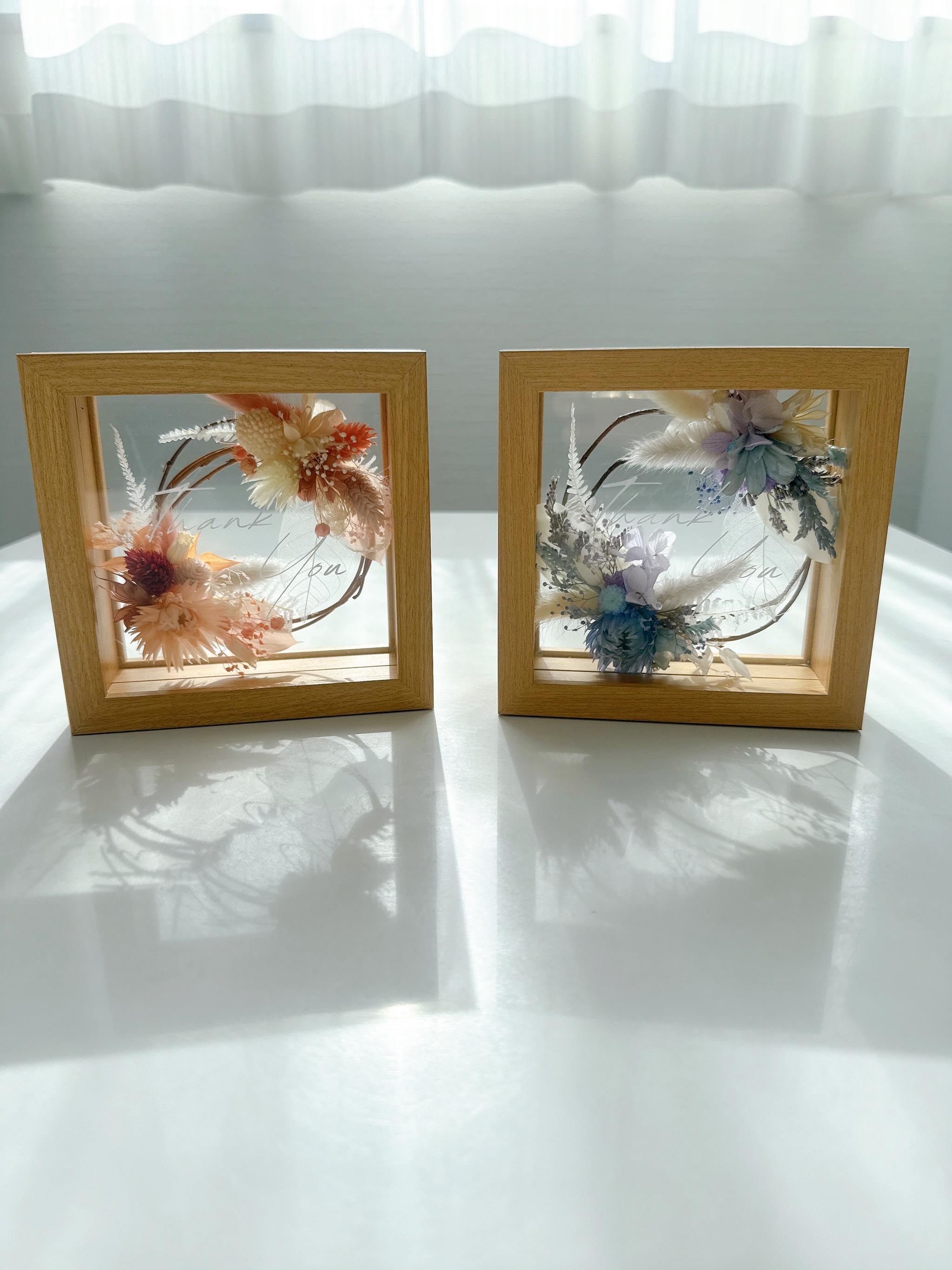 【ウェディング両親贈呈品】ガラスボックス入りプリザーブドフラワーリース〈ピンク・ブルー〉2点セット　ウェディング　結婚式 | 9枚目